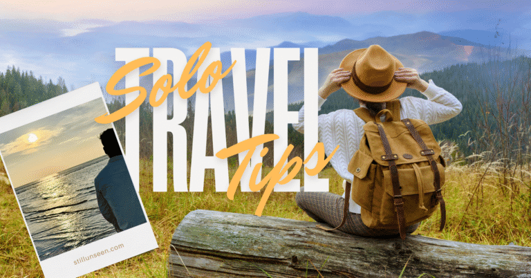 A solo traveler with a backpack enjoying scenic mountain view — solo travel tips